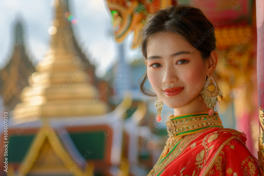 Beauty young asian woman in traditional thai dress welcome to thailand. Blurred wat temple on background. Copy space Beauty young asian woman in traditional thai dress welcome to thailand. Blurred wat temple on background. Copy space