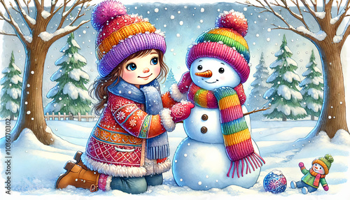 Girl Building Snowman in Winter Scene. illustration. photo