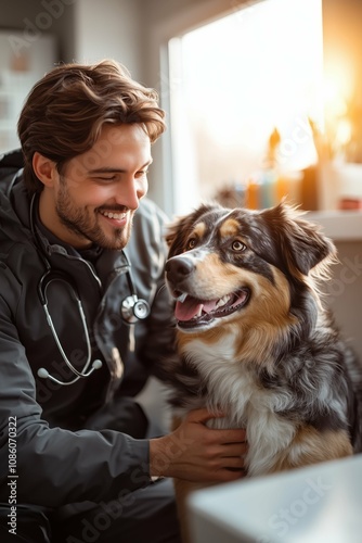 Veterinarian and cheerful dog in a vet clinic setting.