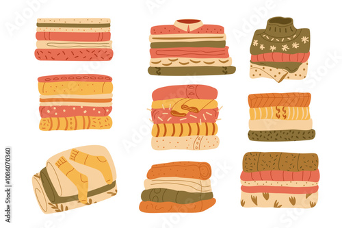 Laundry pile set. Stack of washed clothes and home textile. Sweaters and dress vector flat illustration collection isolate on white background.