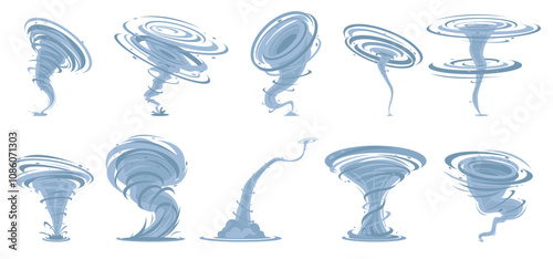 Cartoon tornado. Twisted winds effects. Natural disasters. Weather anomalies. Dangerous hurricanes. Storm with funnels. Aggressive vortex. Climate phenomenon. Vector whirlwinds set
