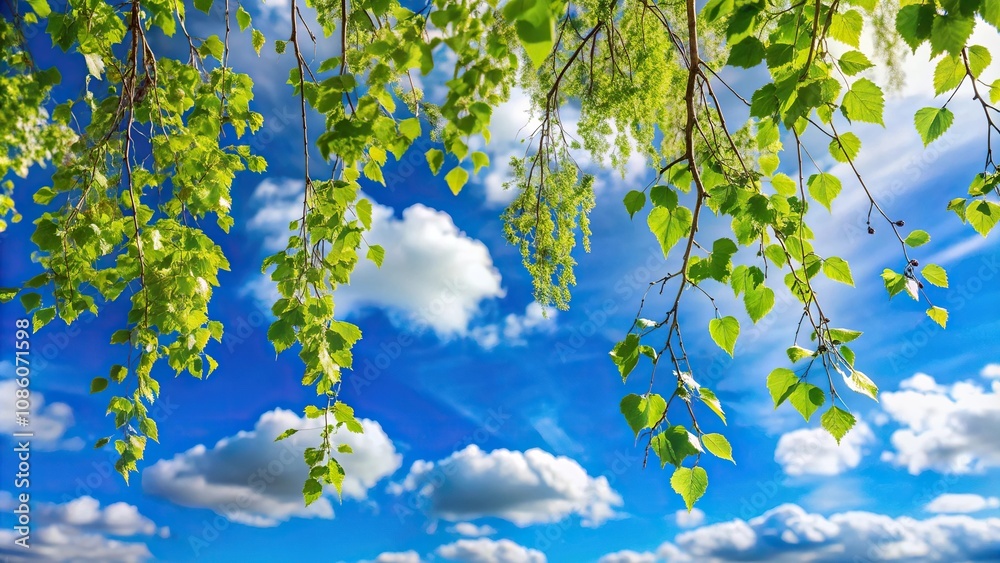 blue sky with clouds and birch branches in forced perspective blue sky with clouds and birch branches in forced perspective