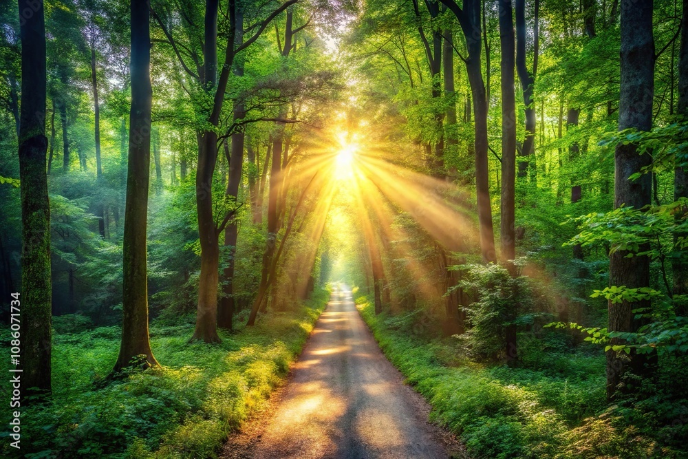 bright light illuminating serene forest path background from high angle view bright light illuminating serene forest path background from high angle view