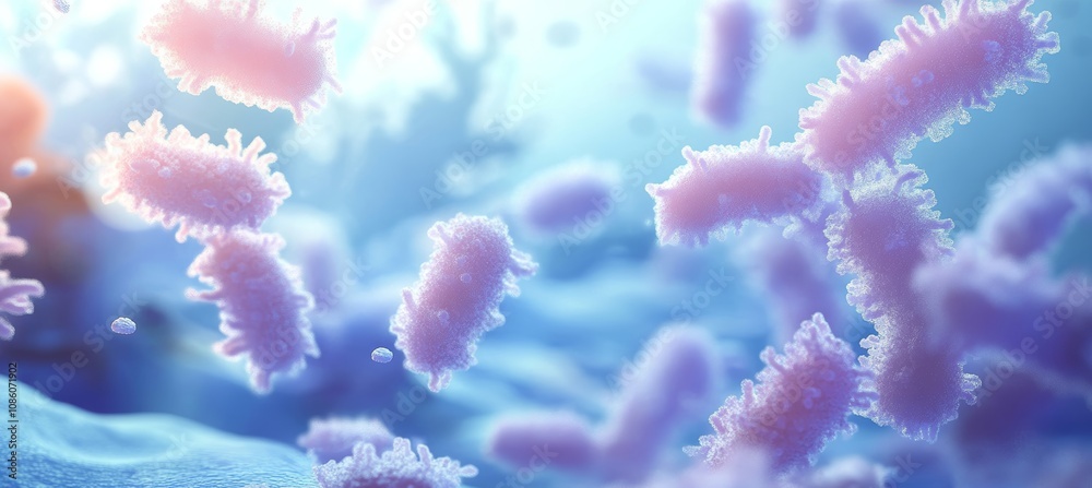 Microscopic view of bacteria, microorganisms, pathogens, or viruses in a 3D rendering. Microscopic view of bacteria, microorganisms, pathogens, or viruses in a 3D rendering.