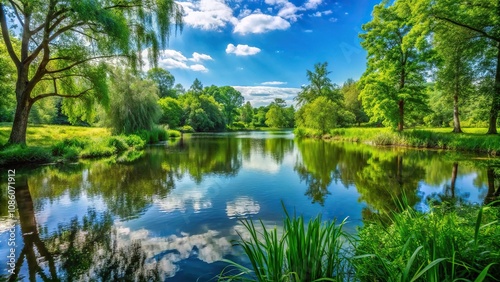Calm and still pond surrounded by lush greenery and trees on a warm summer day, pond, sunny day