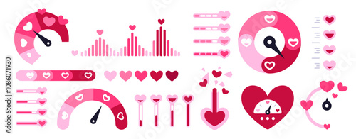 Cartoon love meters. Valentines day romantic scales. Amour indicators. Dials and thermometers with pink hearts. Passion level. Speedometer arrow. Romance measuring. Garish vector set