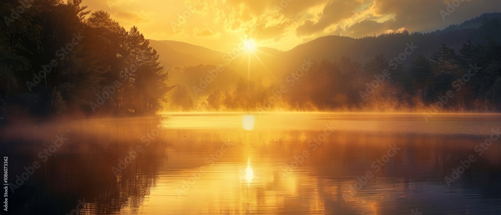 Naklejka premium of a golden sunrise over a misty lake, surrounded by mountains and a serene forest backdrop