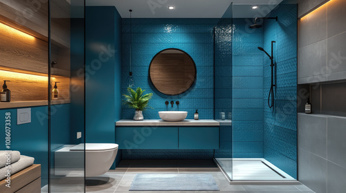 luxurious modern blue bathroom interior with sink and modern shower