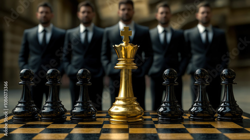 King golden chess standing confront of the black chess team to challenge, concepts of leadership and business strategy management and stratagy plan success meaning photo