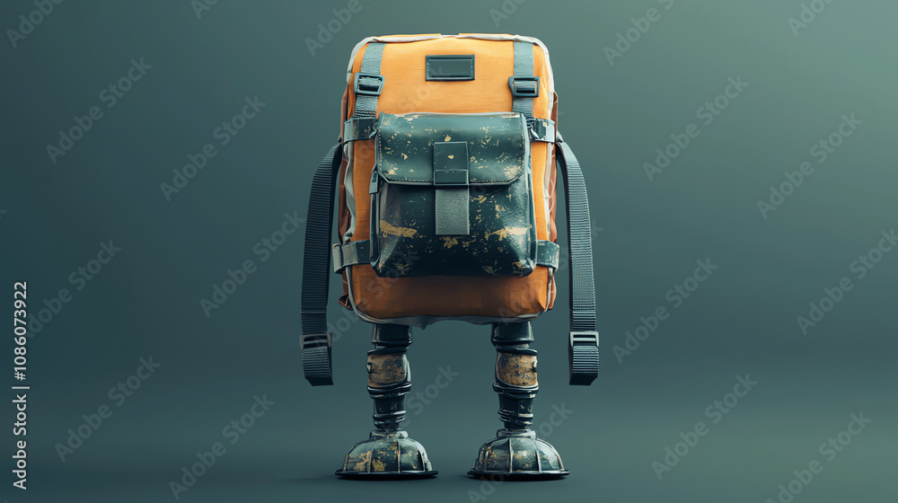 A whimsical backpack with small legs and straps stands upright, showcasing its unique design in a minimalist studio setting A whimsical backpack with small legs and straps stands upright, showcasing its unique design in a minimalist studio setting