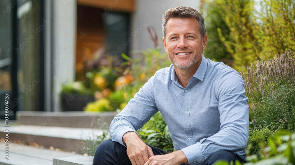 Obraz premium Confident Middle-Aged Man Smiling in a Lush Garden Setting
