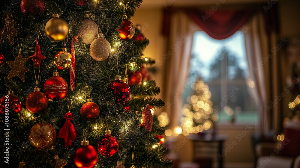 Fototapeta premium Glittering Christmas Tree with Ornaments and Gifts 