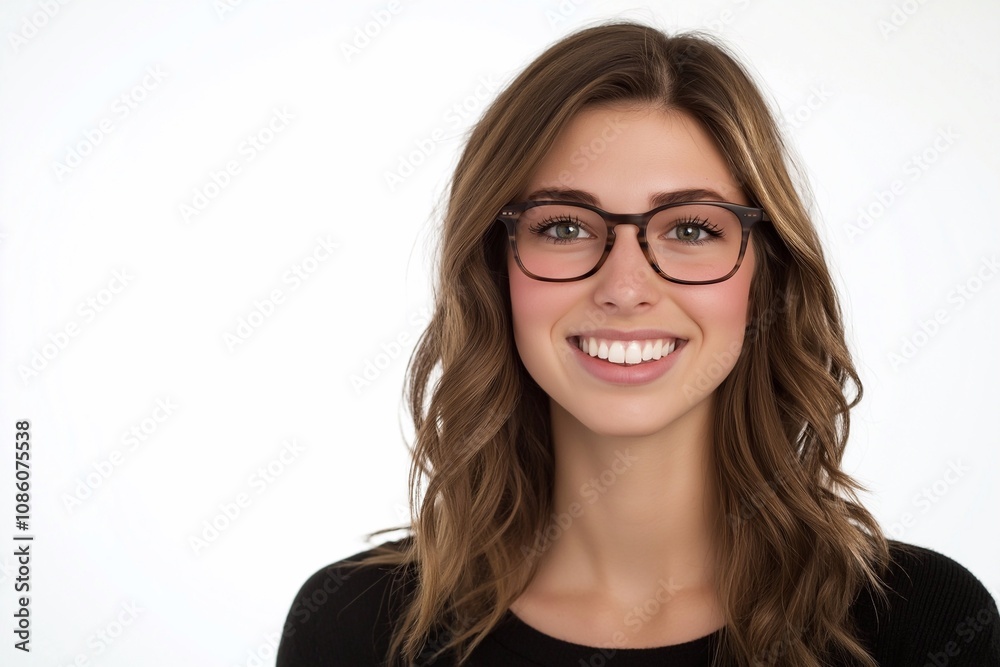 Happy smiling young adult woman wearing luxury stylish eyeglasses looking at camera isolated on white background. advertising glasses or optics store promotion. Happy smiling young adult woman wearing luxury stylish eyeglasses looking at camera isolated on white background. advertising glasses or optics store promotion.