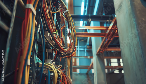 Newly Built Residential Building Electrical Wiring Installation Performed by Professional Caucasian Electrician. Industrial Theme.