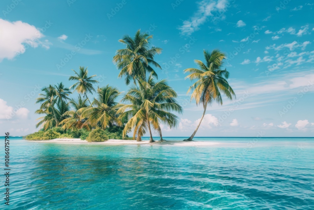 a serene tropical island with swaying palm trees and crystal-clear blue water, ideal for a perfect a serene tropical island with swaying palm trees and crystal-clear blue water, ideal for a perfect