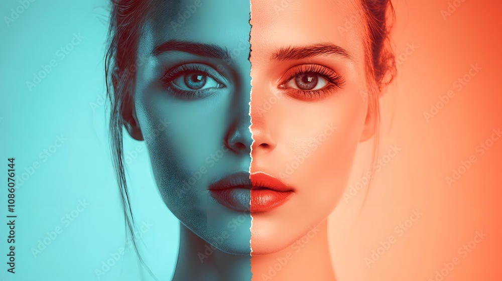 A woman with a split face in two different colors A woman with a split face in two different colors