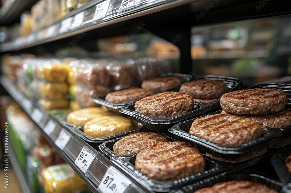Fototapeta premium Fresh selection of packaged meat patties in a grocery store aisle display