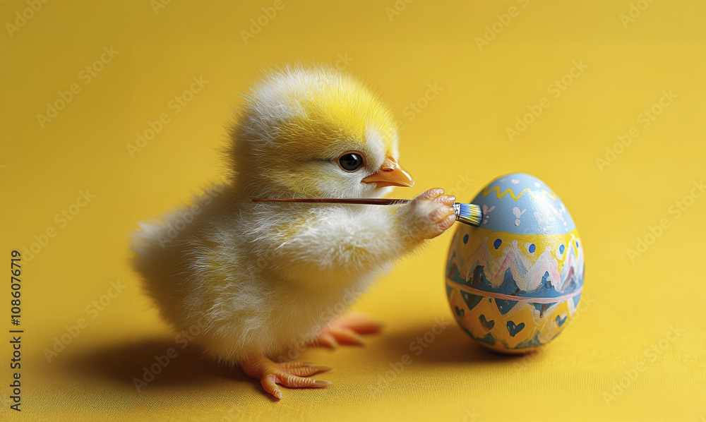 Cute chick painting Easter egg on vibrant yellow background Cute chick painting Easter egg on vibrant yellow background
