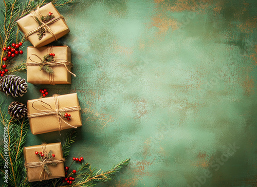 Christmas gift boxes on green background, wrapped in brown kraft paper, tied with twine, red berries, pine cones and fir branches, top view, left. Minimalistic rustic style photo