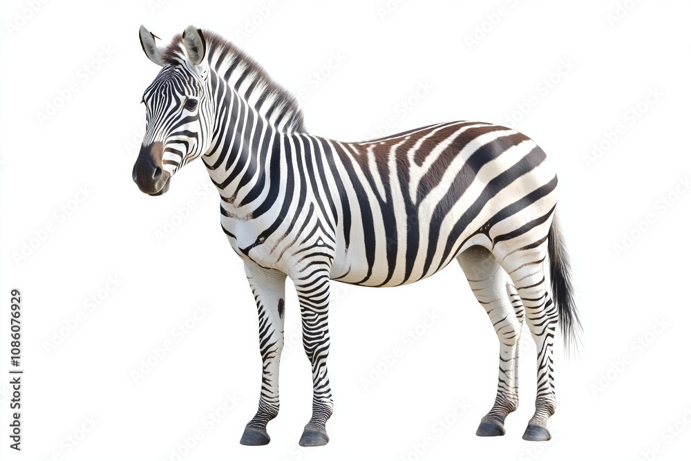 Fototapeta premium A zebra standing on a white background. The zebra is the main focus of the image, and it is looking straight ahead. The white background emphasizes the zebra's black and white stripes