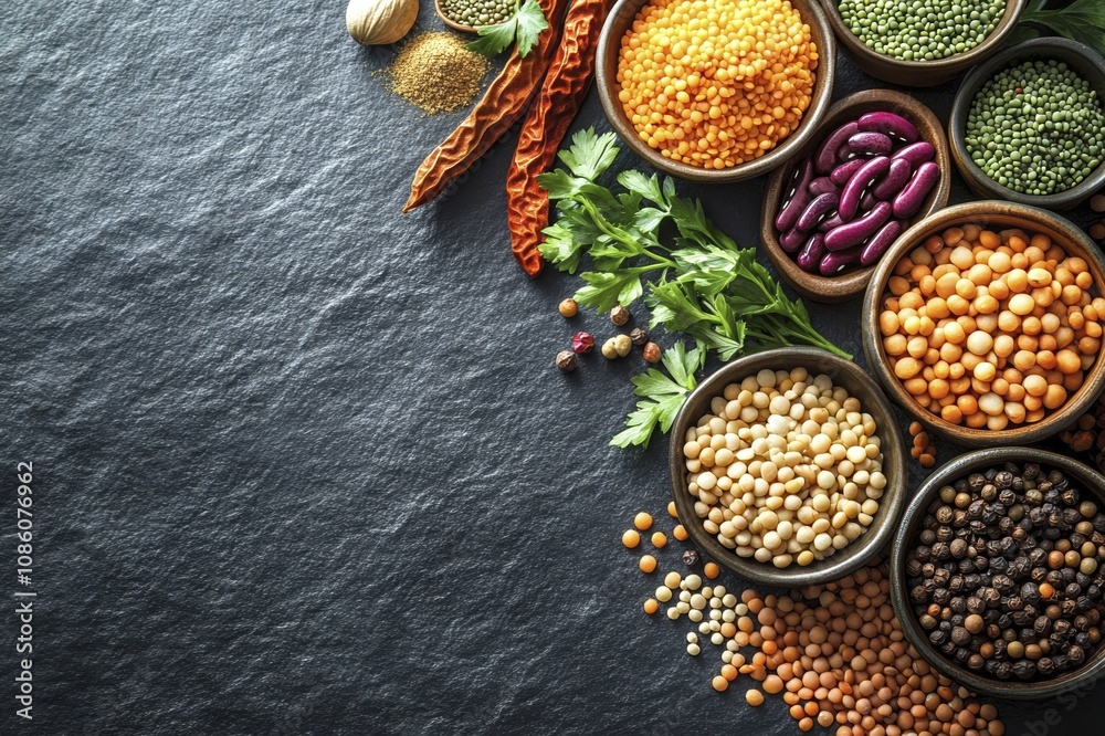 Assorted legumes and spices on dark stone background Assorted legumes and spices on dark stone background