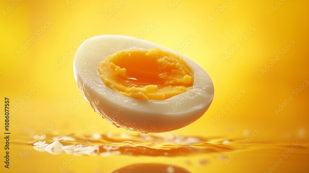 Half a boiled egg with a bright yellow yolk against a warm yellow background. The egg looks juicy and appetizing, perfect for cooking and health publications. Half a boiled egg with a bright yellow yolk against a warm yellow background. The egg looks juicy and appetizing, perfect for cooking and health publications.