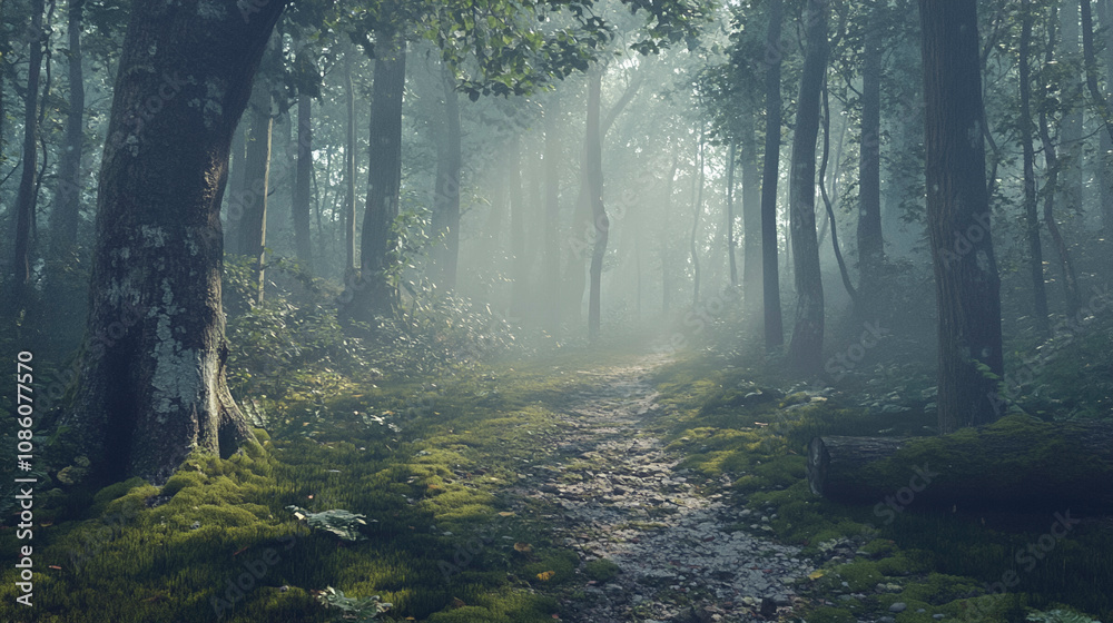 Obraz premium Forest Pathway with Sunlight Beams