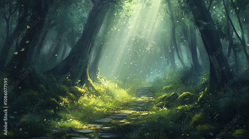 Forest Pathway with Sunlight Beams Forest Pathway with Sunlight Beams