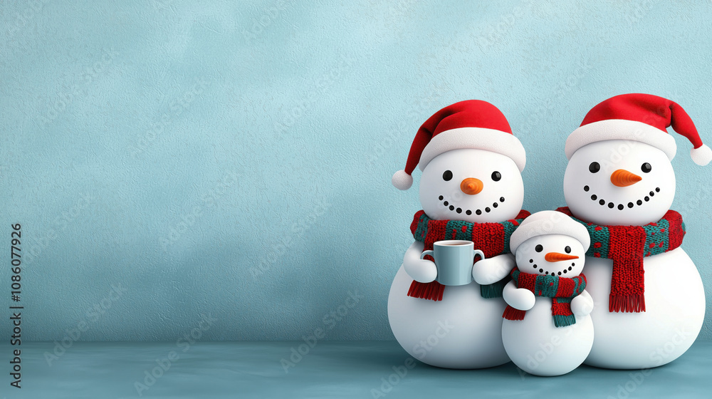 A cheerful family of three snowmen dressed in Santa hats and cozy scarves, standing together on a soft blue background, evoking holiday joy and winter warmth A cheerful family of three snowmen dressed in Santa hats and cozy scarves, standing together on a soft blue background, evoking holiday joy and winter warmth
