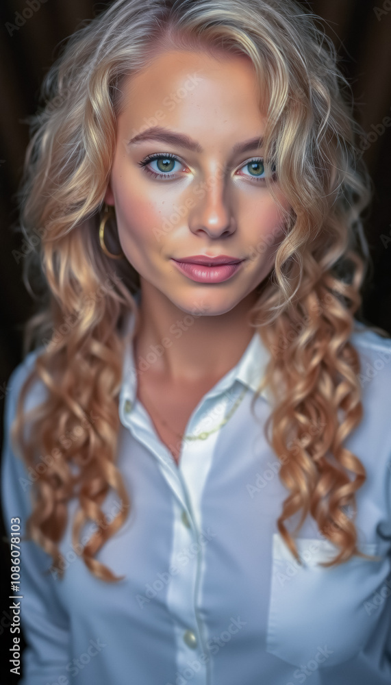 Portrait of attractive and confident woman with curly blonde hair in white shirt and gold necklace. Portrait of attractive and confident woman with curly blonde hair in white shirt and gold necklace.