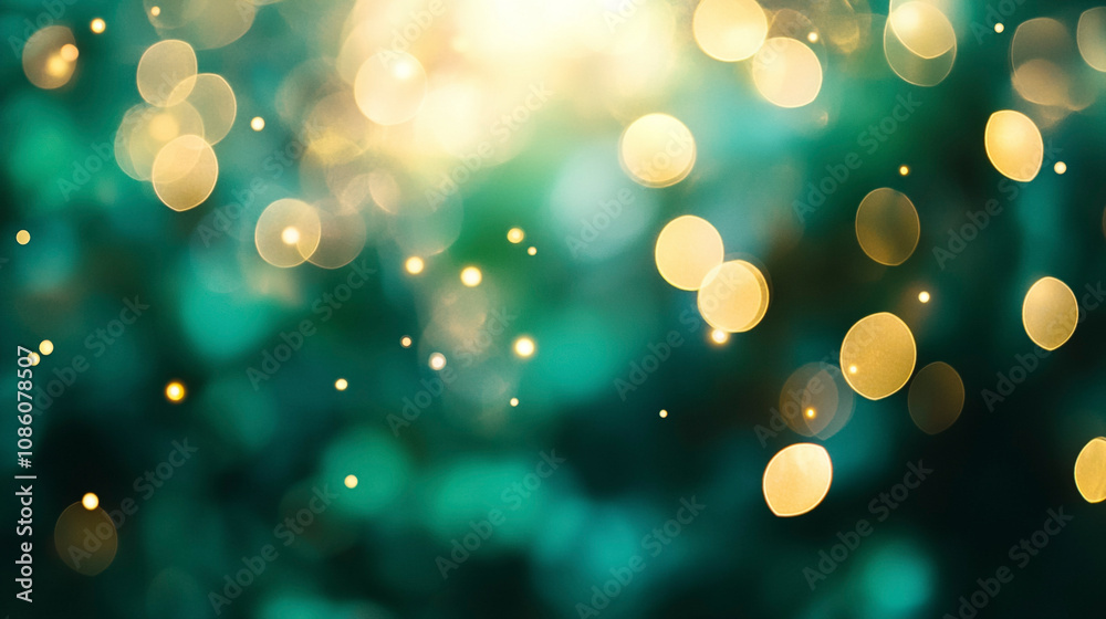 Golden Bokeh Sparkles on Deep Green Background Golden Bokeh Sparkles on Deep Green Background