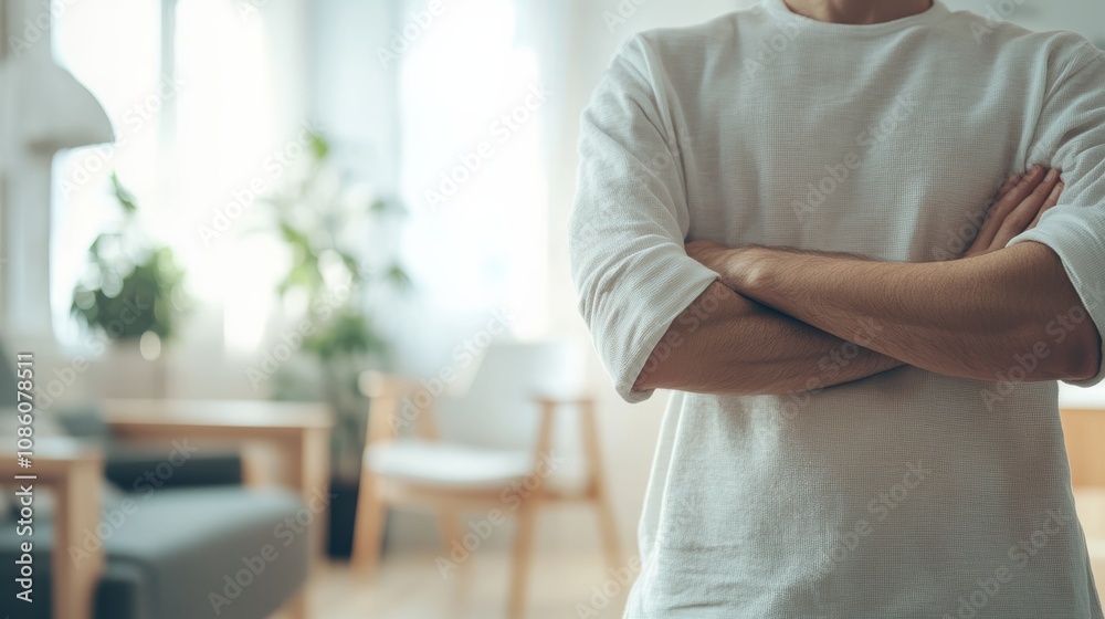 Obraz premium Man is standing with his arms crossed in a modern, minimalist living room, conveying a sense of confidence and ownership