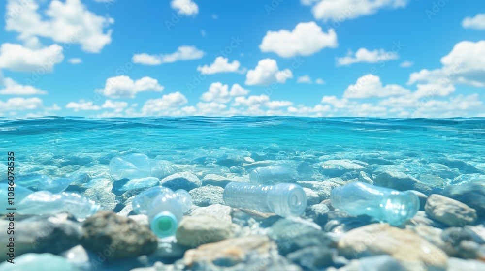 A vivid oceanfront scene with plastic bottles scattered along the rocky shoreline, emphasizing pollution and environmental concerns under a bright, sunny sky A vivid oceanfront scene with plastic bottles scattered along the rocky shoreline, emphasizing pollution and environmental concerns under a bright, sunny sky