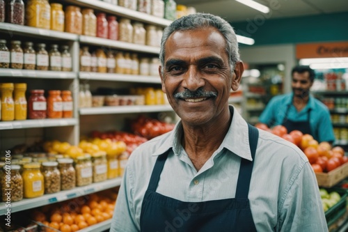 Close portrait of a smiling senior Maldivian male grocer standing and looking at the camera, Maldivian grocery store blurred background