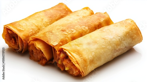 Three delicious chimichangas of golden color on a white background. The crispy fried skin of the chimichanga gives the dish an attractive appearance. photo