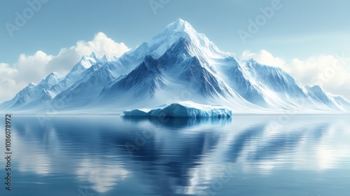 Majestic Snow-Capped Mountain Surrounded by Serene Water with Icebergs and Clear Blue Sky, Reflecting Tranquil Beauty of Nature in an Arctic Landscape