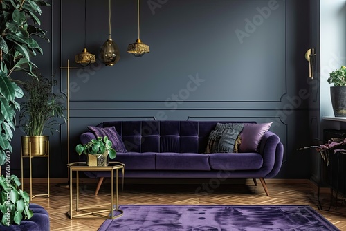 Modern lounge: blue-gray walls, dark purple couch, plants, golden details, modern glamour style photo