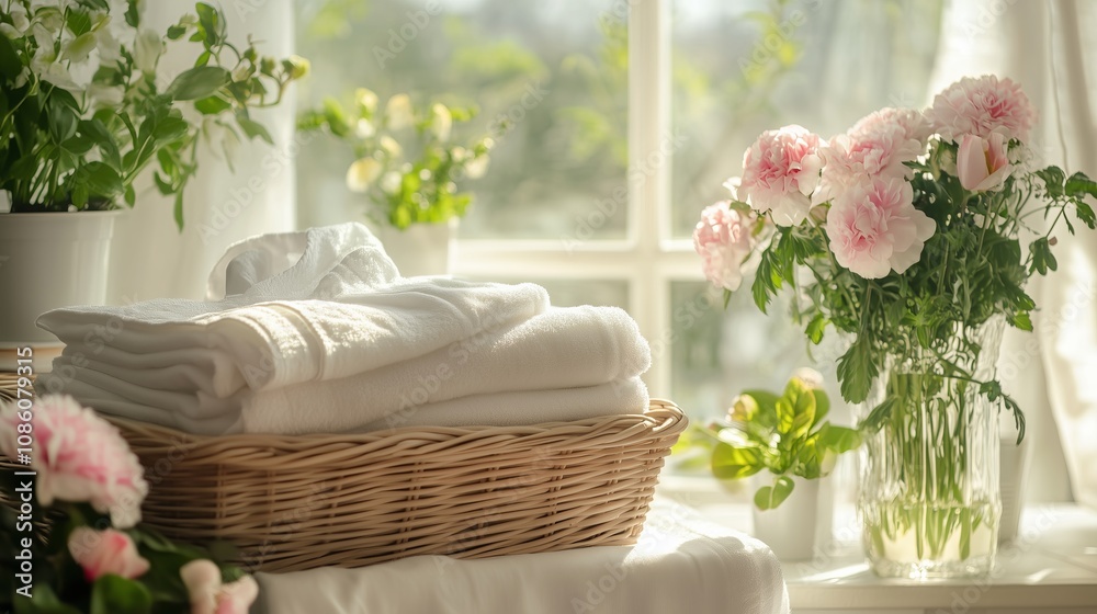 Cozy home interior with soft sunlight falling on freshly washed white towels in a wicker basket. Nearby stands a glass vase with delicate pink flowers and green leaves. Cozy home interior with soft sunlight falling on freshly washed white towels in a wicker basket. Nearby stands a glass vase with delicate pink flowers and green leaves.