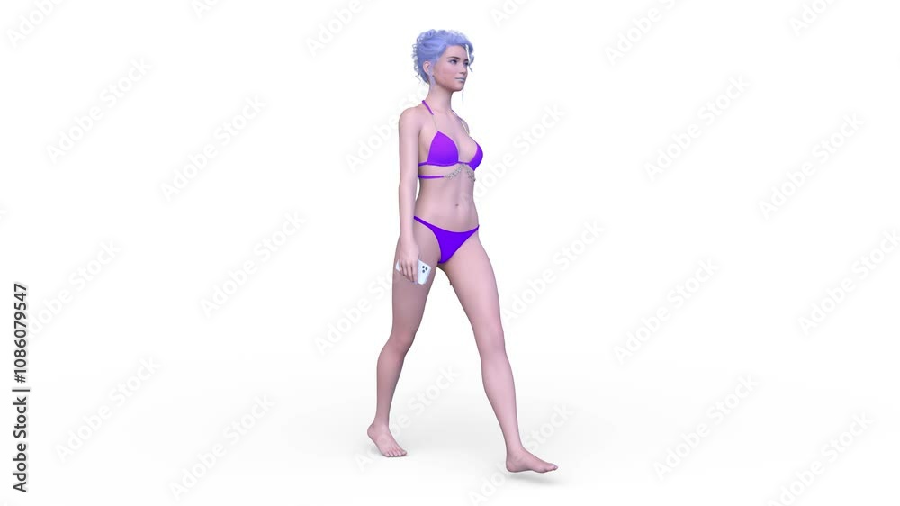 歩くビキニ姿の女性　3DCGレンダリング