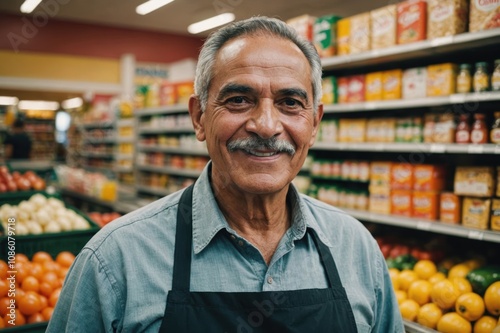 Close portrait of a smiling senior Mexican male grocer standing and looking at the camera, Mexican grocery store blurred background