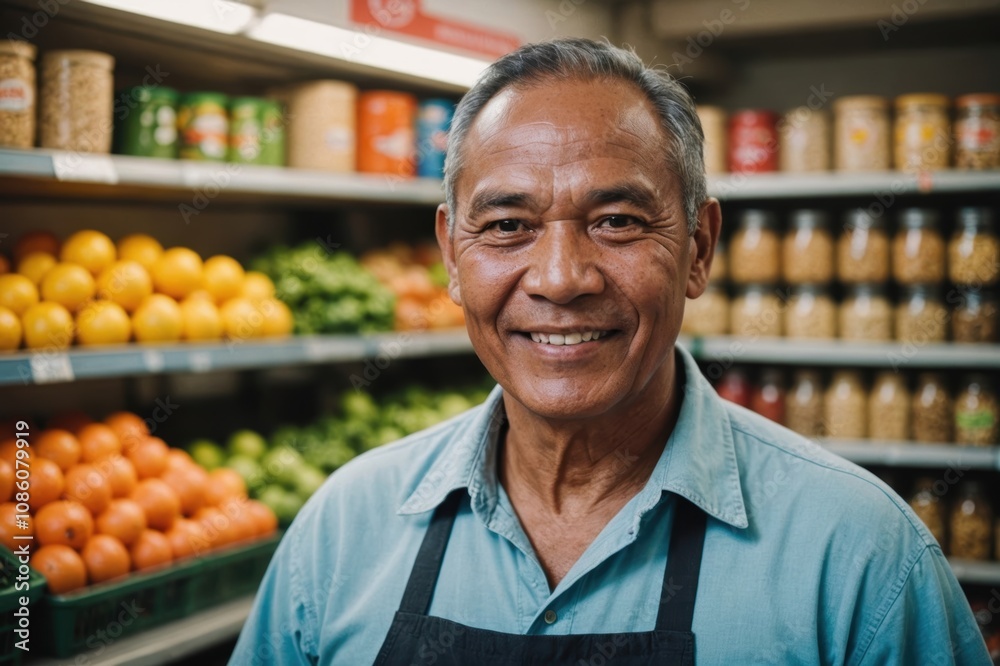 Fototapeta premium Close portrait of a smiling senior Micronesian male grocer standing and looking at the camera, Micronesian grocery store blurred background