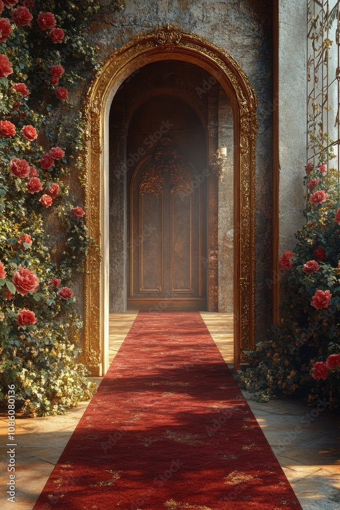 Fototapeta premium A golden stone wall with white roses and gold trim, a long red carpet on the ground, glittering in the light, frontal view, symmetrical composition