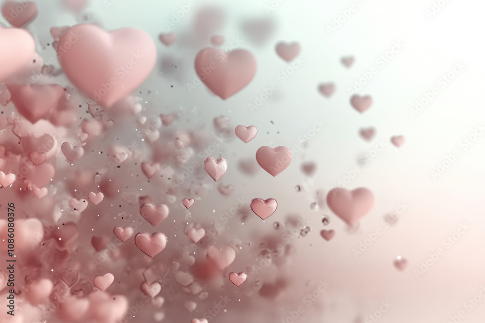 Valentine's Day background, Numerous delicate, rose-colored hearts float and swirl in a soft, hazy atmosphere Valentine's Day background, Numerous delicate, rose-colored hearts float and swirl in a soft, hazy atmosphere
