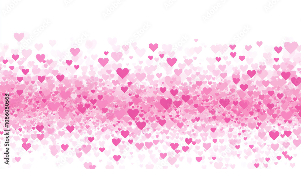 Valentine's Day background, Hundreds of pink hearts, varying in shades and size, drift against a crisp white background Valentine's Day background, Hundreds of pink hearts, varying in shades and size, drift against a crisp white background