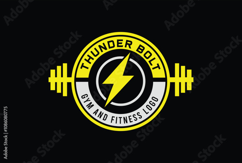 Gym power logo design idea with barbell and thunder bolt. Fitness and bodybuilding club logo template. Sport and recreation logo