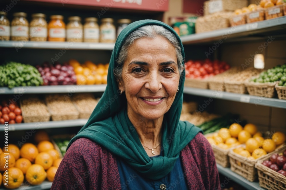 Close portrait of a smiling senior Moroccan female grocer standing and looking at the camera, Moroccan grocery store blurred background Close portrait of a smiling senior Moroccan female grocer standing and looking at the camera, Moroccan grocery store blurred background