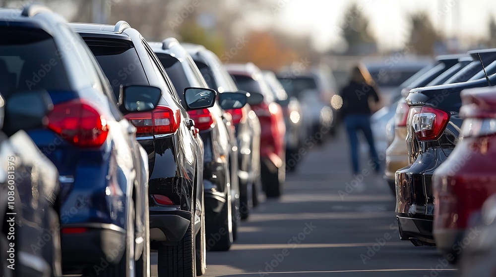 Obraz premium Long Line of Cars in Parking Lot Auto Dealership Transportation