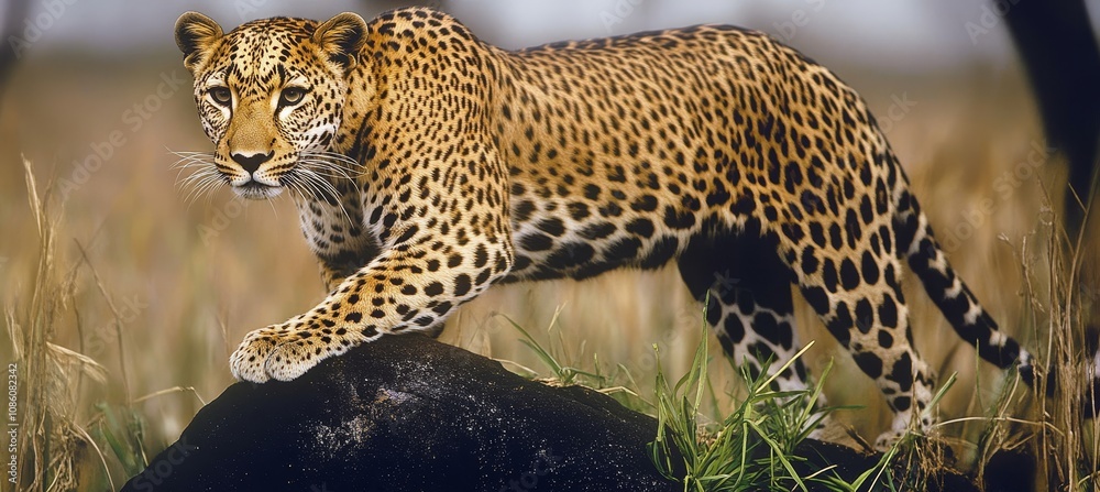 Naklejka premium Powerful Leopard Stalking Prey on a Rock in the African Savanna, Wildlife Photography