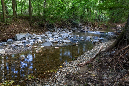Obraz na płótnie Stones under a broken weir after a flood. Juhyne. Czechia. w salonie