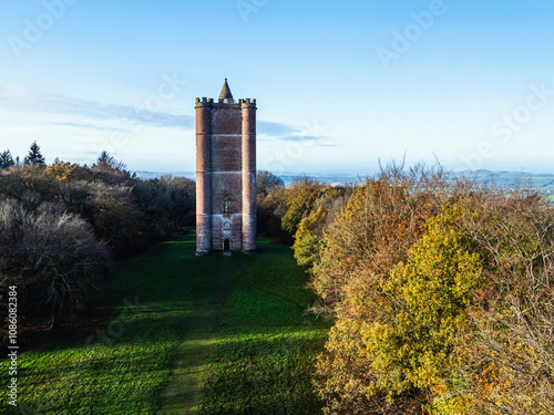 Autumn over Alfred's Tower from a drone, Stourhead, Somerset, England photo